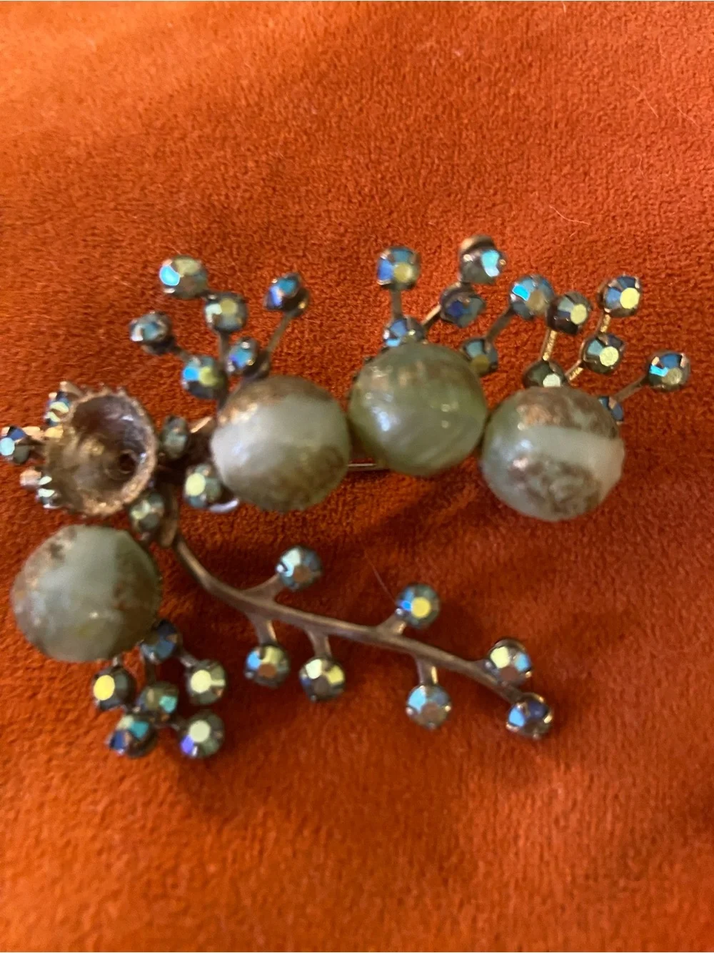 Vintage Green Bead and Aurora Rhinestone Floral Brooch